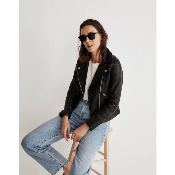 $525 New Madewell Washed Leather Motorcycle Jacket - Black - Small - Picture 2 of 11